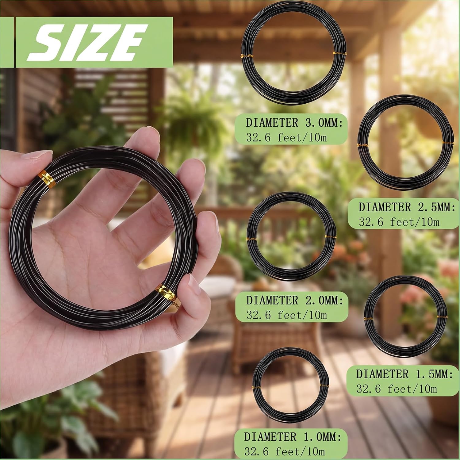 Hotop 10 Rolls Bonsai Wires Anodized Aluminum Bonsai Training Wire in 5 Sizes - 1.0 mm, 1.5 mm, 2.0 mm, 2.5 mm, 3.0 mm, Total 164 Feet (Black)