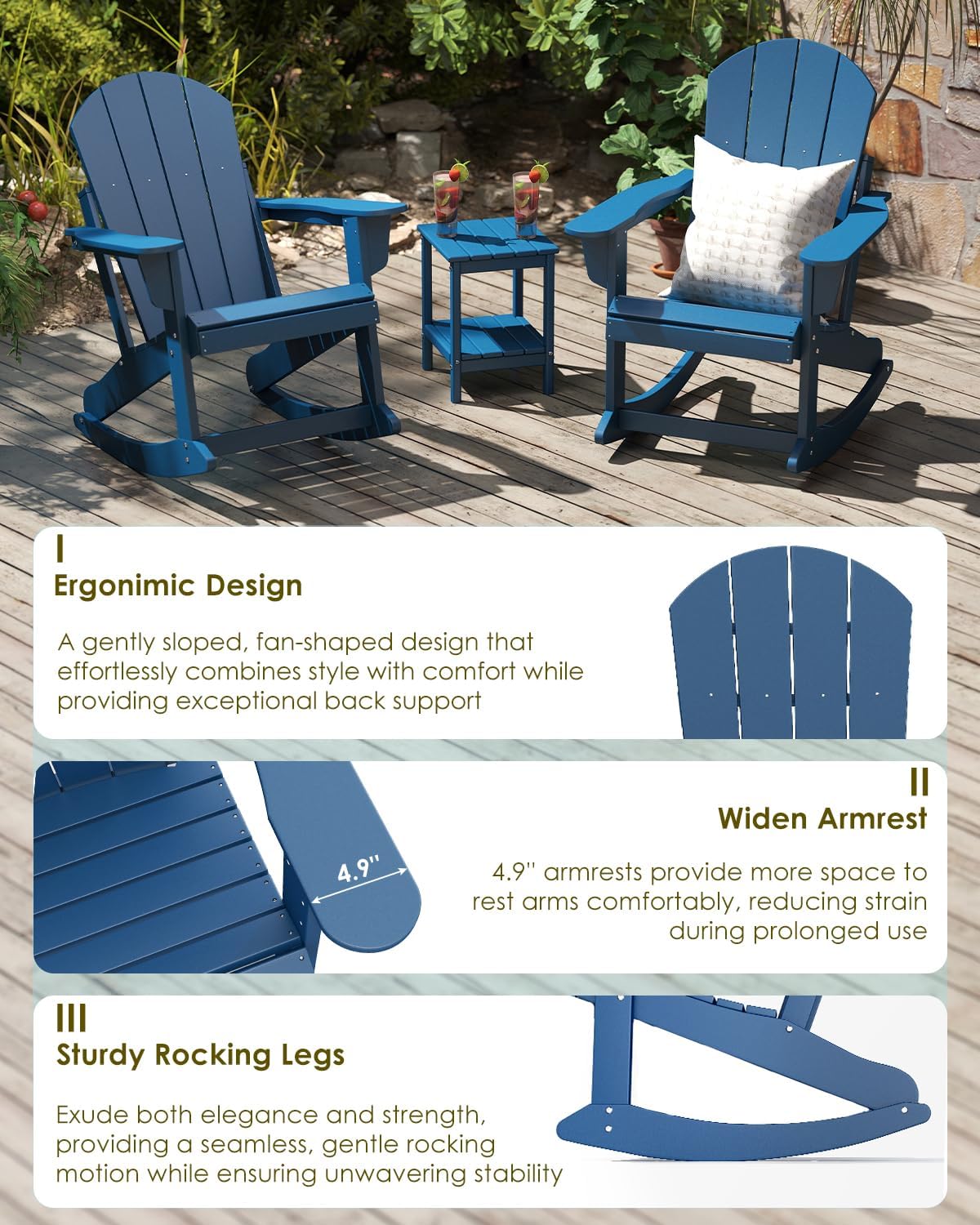GREENVINES Adirondack Rocking Chairs Set of 2, HDPE Outdoor Rockers, Blue | Heavy Duty Thickened Legs | 5’’ Wide Armrests | All Weather | Porch Rocker Chair | Low Maintenance for Patio Deck Fire Pit