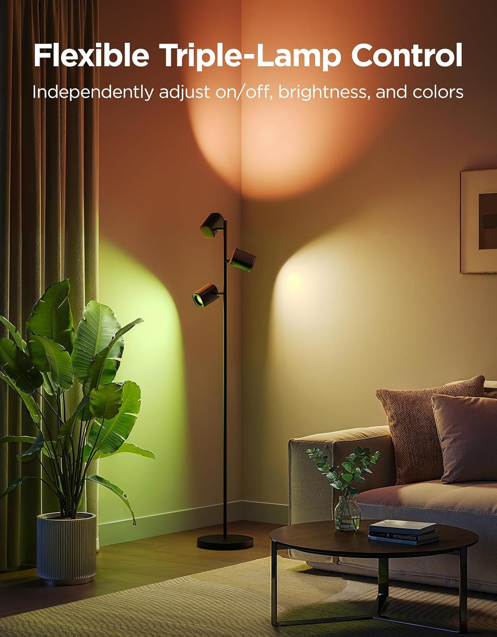 govee tree floor lamp with 3 rotatable lights shown in use