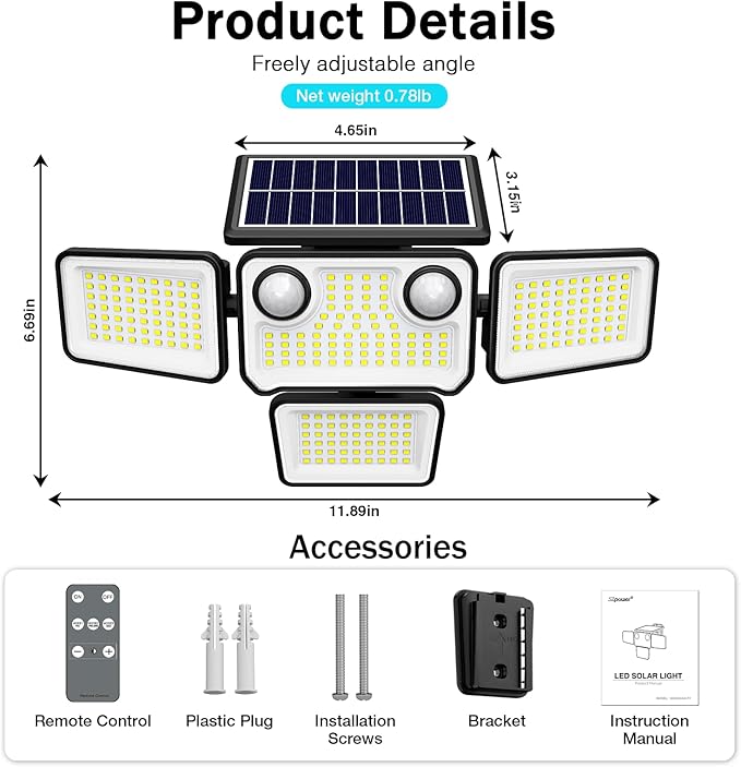 4500LM Solar Lights Outdoor Waterproof, 254 LED Solar Flood Lights Outdoor with 2 Motion Sensor, 4 Heads Security Light with Remote Control for Yard Outside House Garage 1 Pack