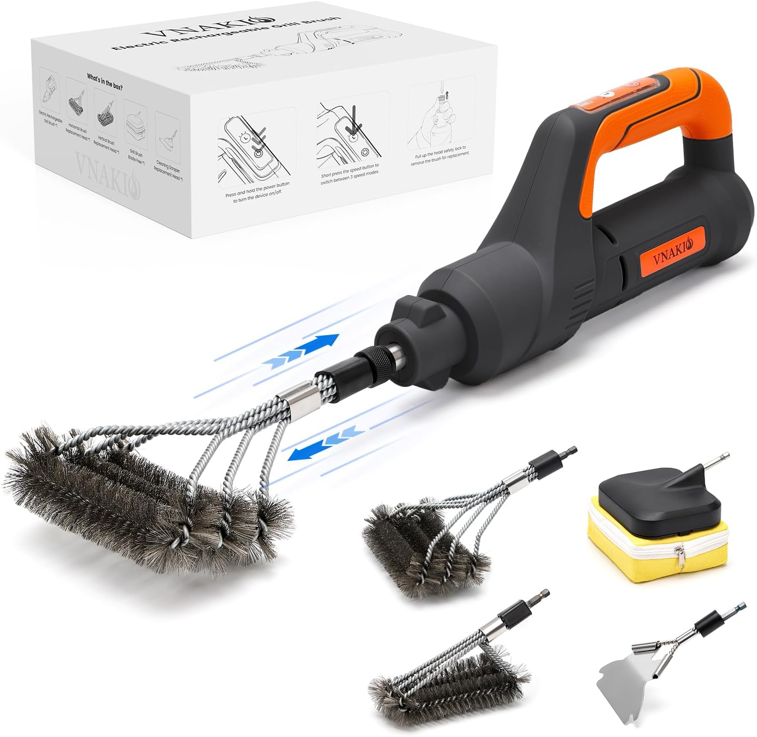 Electric Grill Brush for Outdoor Grill Rechargeable BBQ Grill Cleaner | 4 Replaceable Brush Heads, 3 Speed Modes, 940 RPM Motor, Up to 100 Minutes of Runtime, Suitable for Barbecue Grates