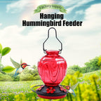 Glass Hummingbird Feeder for Outdoors Hanging, 24Ozs Humming Bird Nectar Feeder w/Perch, 5 Flower Feeding Ports, Leak Proof Base and Hook for Outside Garden Backyard Decor, Gifts for Women Mom, Red