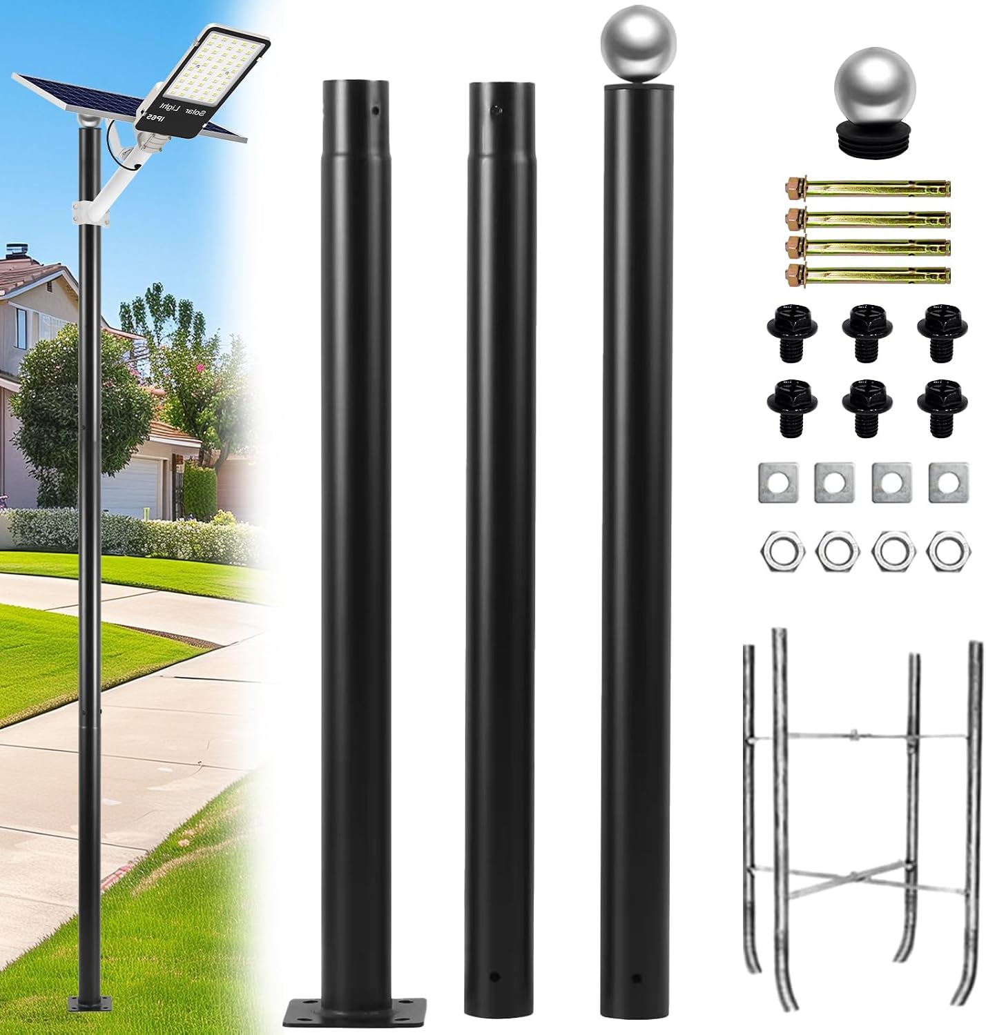 Street Light Pole 10ft Tall，Outdoor Split Adjustable Heavy-Duty Metal | Solar Light Pole with Rebar Cage and Ground Screw，Suitable for Basketball Courts, Parking Lots and Streets.