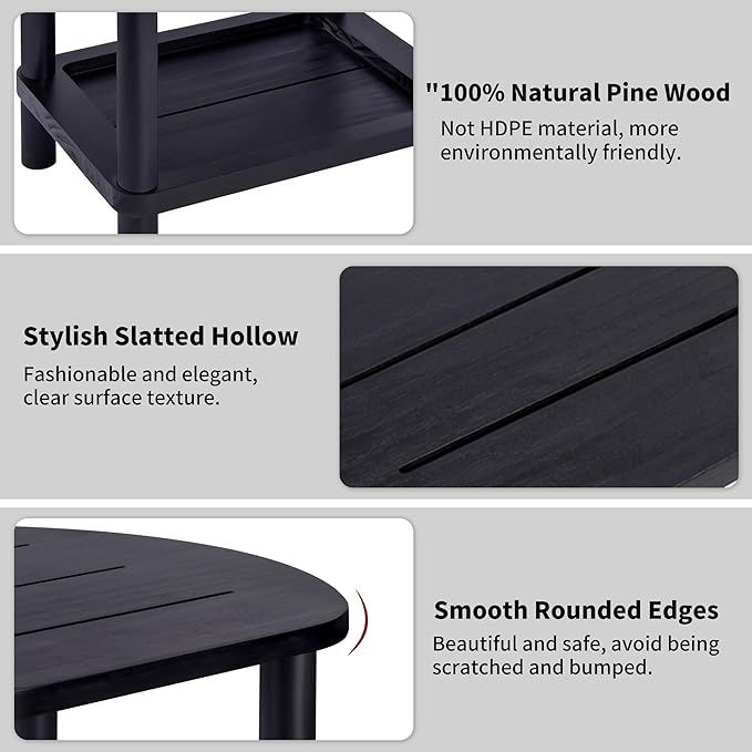 2 Tier Outdoor Side Table, Solid Wood Small Outdoor End Tables, Patio Table for Outside Backyard Balcony Porch Garden Lawn and Living Room, Weather Resistant & Easy Maintenance (Black)