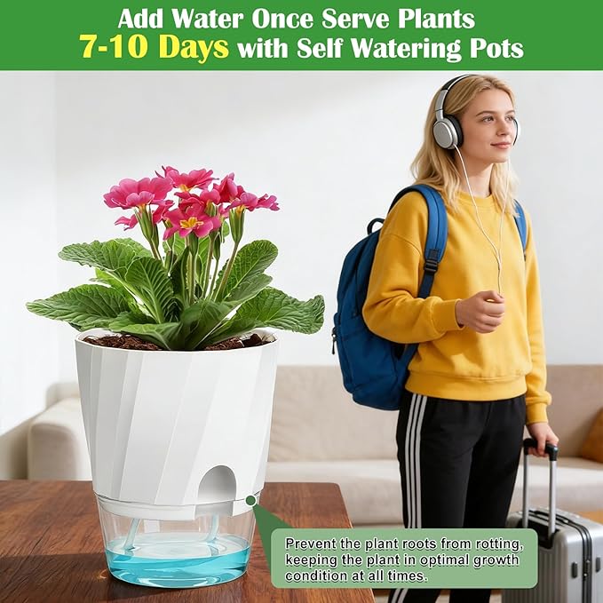 KIMCHOMERSE Self Watering Plant Pots, 6 Inch Plant Pots White, 6 Pack Flowers Pot Indoor Planter Pots with Tray for Spider Plant, Orchid, African Violet