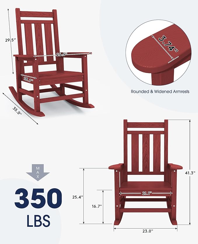 KINGYES Oversized Outdoor Rocking Chair, All-Weather Patio Rocking Chairs for Porch, HDPE Outdoor Patio Rockers with High Back & Wide Seat for Garden, Lawn, Red