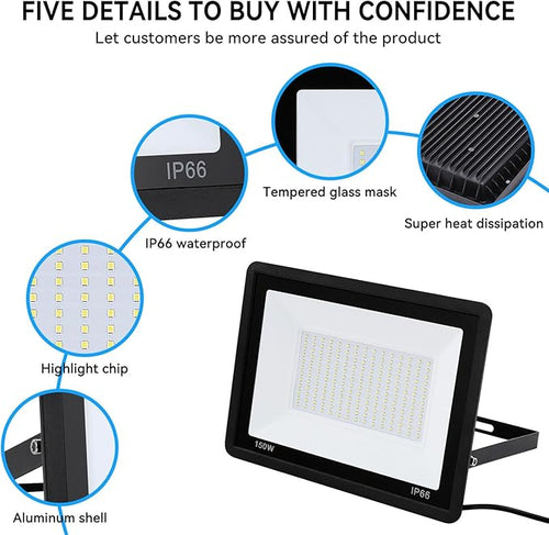 4Pack-250W LED Flood Light Outdoor,27500lm LED Work Light with 6FT US Plug,IP66 Waterproof Exterior Security Lights,6000K Daylight White Outside Floodlights Slim design for Playground Yard Stadium