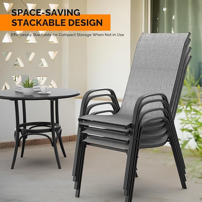 VINGLI Patio Chairs Set of 8 – Stackable Outdoor Dining Chairs with Comfortable Sling High Back Chairs and Armrests for Lawn, Poolside, Courtyard, Balcony, Garden, Silver Gray