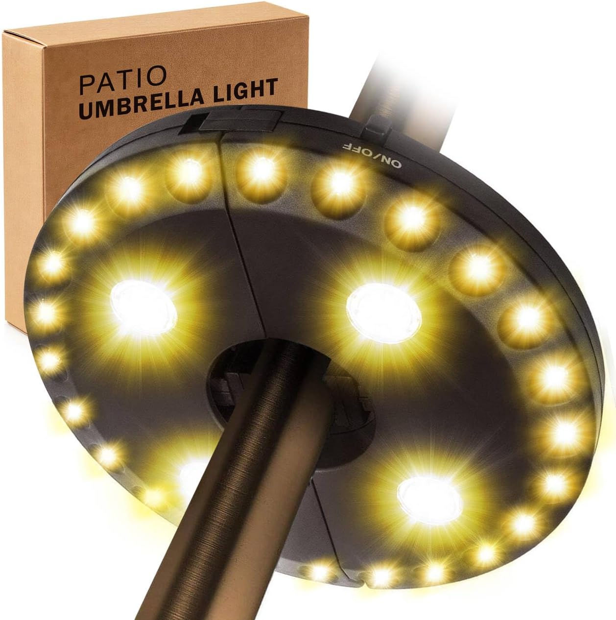 Patio Umbrella Light 3 Brightness Modes Cordless,with 28 Warm White LEDs-4 * AA Battery Operated Umbrella Lights,Fits 1.15"-2" Umbrella Poles,for Patio Umbrellas,Camping Tents and Indoor Use