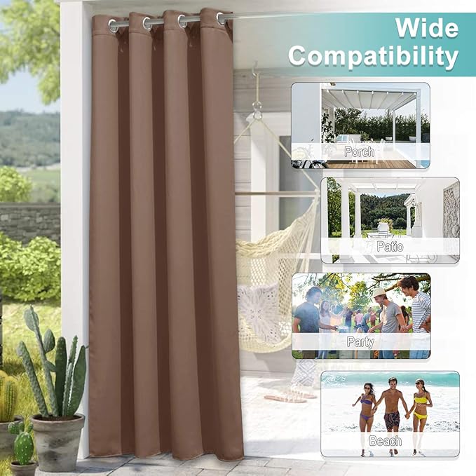 NICETOWN 2 Panels Blackout Outdoor Curtains for Patio Waterproof, Thermal Insulated Silver Rustproof Grommet Blackout Indoor Outdoor Curtains/Drapes for Pergola, W52 x L95, Tan