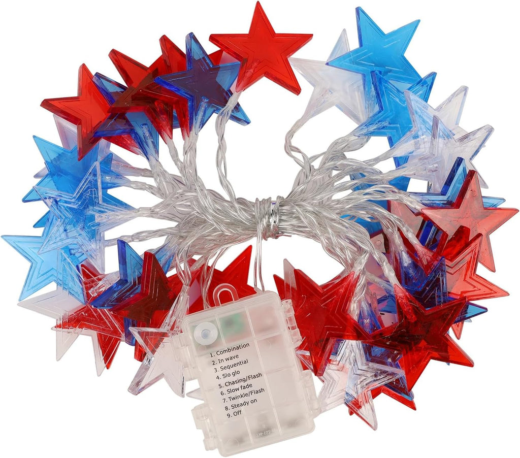 July 4th Red Blue and White Star Lights, 40LED 19FT Patriotic String Lights with Stars Battery Operated, 8 Lighting Modes & Timer, Waterproof Outdoor Independence Day Memorial Day Holiday Party Decor