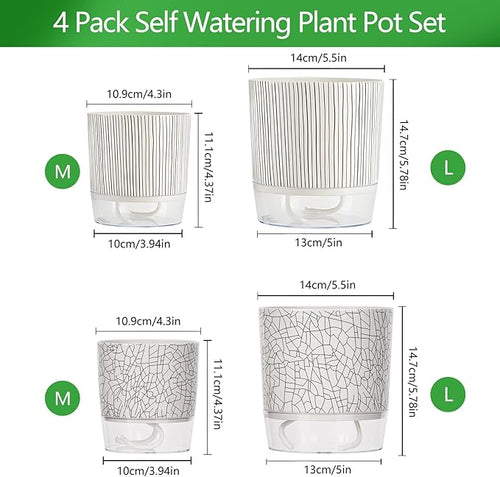 4 Pack Self Watering Pots for Indoor Plants, 4/5.5 Inch Lightweight Planters with Water Reservoir, Flower Pots for African Violet, Spider Plant, Orchid