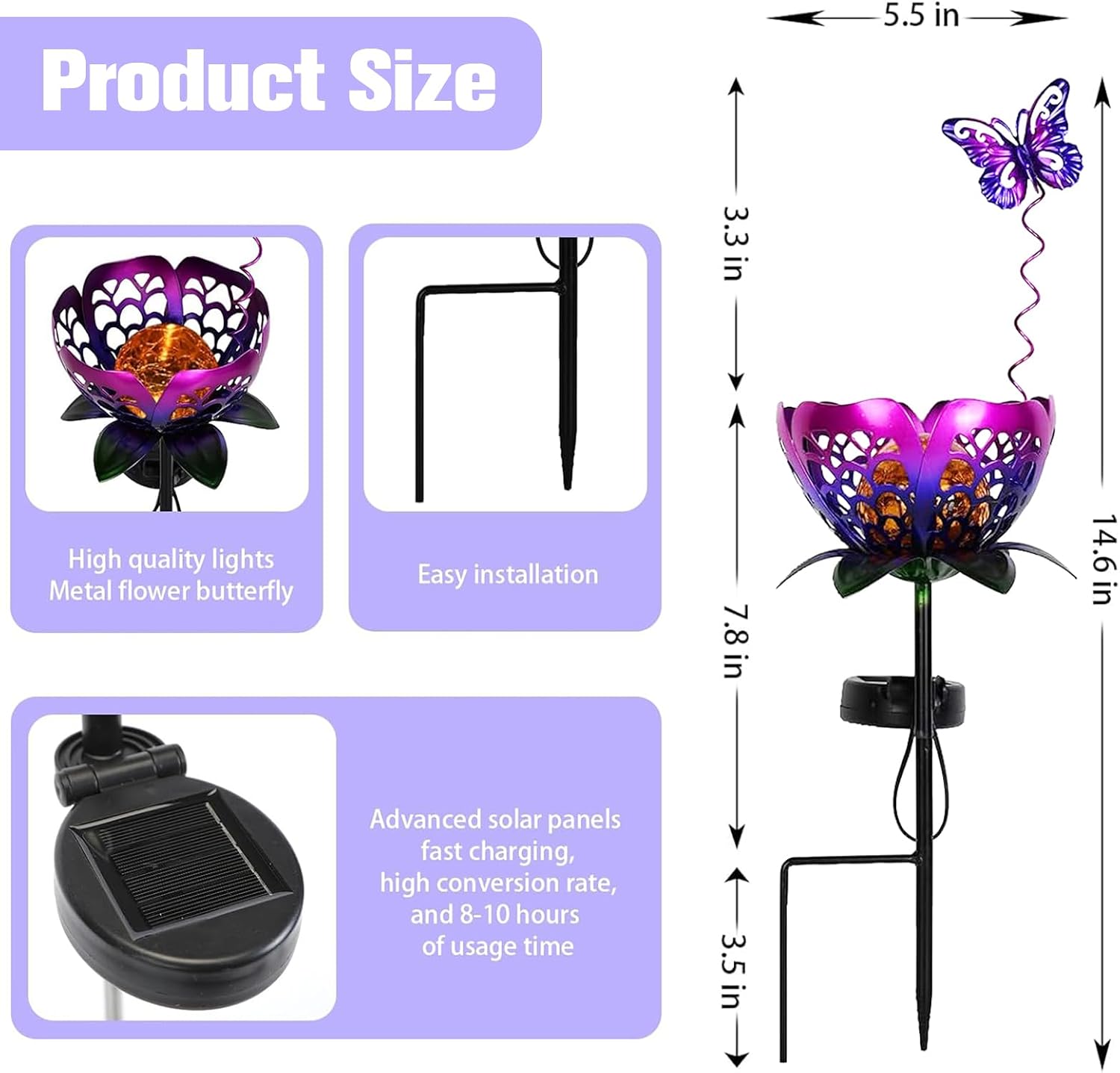Solar Path Light, 2 Pack Crackle Glass Globe LED Lights, Metal Butterfly Decorations Lights, Hollow Petal Tulip Stake Light for Patio Yard Walkway Ground Lawn Ornaments Gifts (Purple Flower - 2pcs)