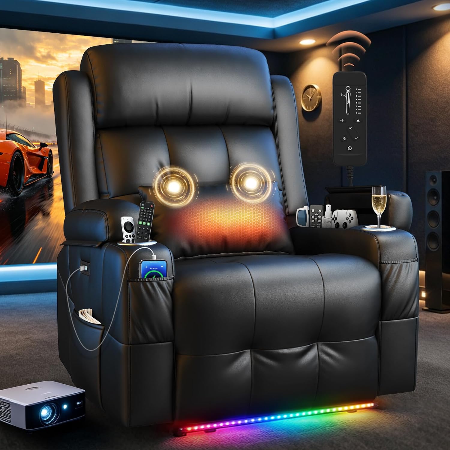 Power Recliner Chair with Heat and Back Massage, Electric Power Oversized Reclining Chair Infinite Position with Storage Armrests & 2 Cup Holders for Living Room, Brown