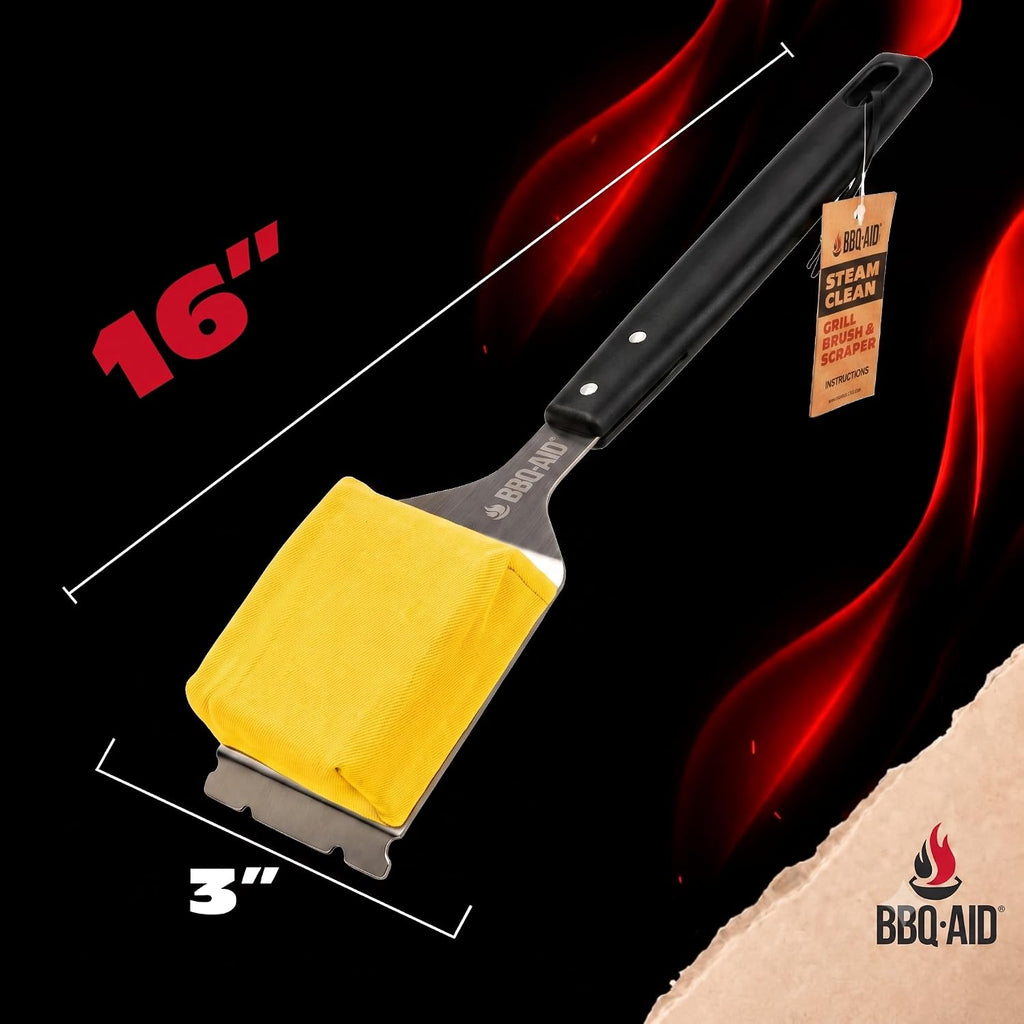 Bristle Free Steam Grill Brush and Scraper for Outdoor Grill, Black | 100% replaceable steam scrub pad, built-in scraper, grill cleaner; no shedding, safe for all grill grates
