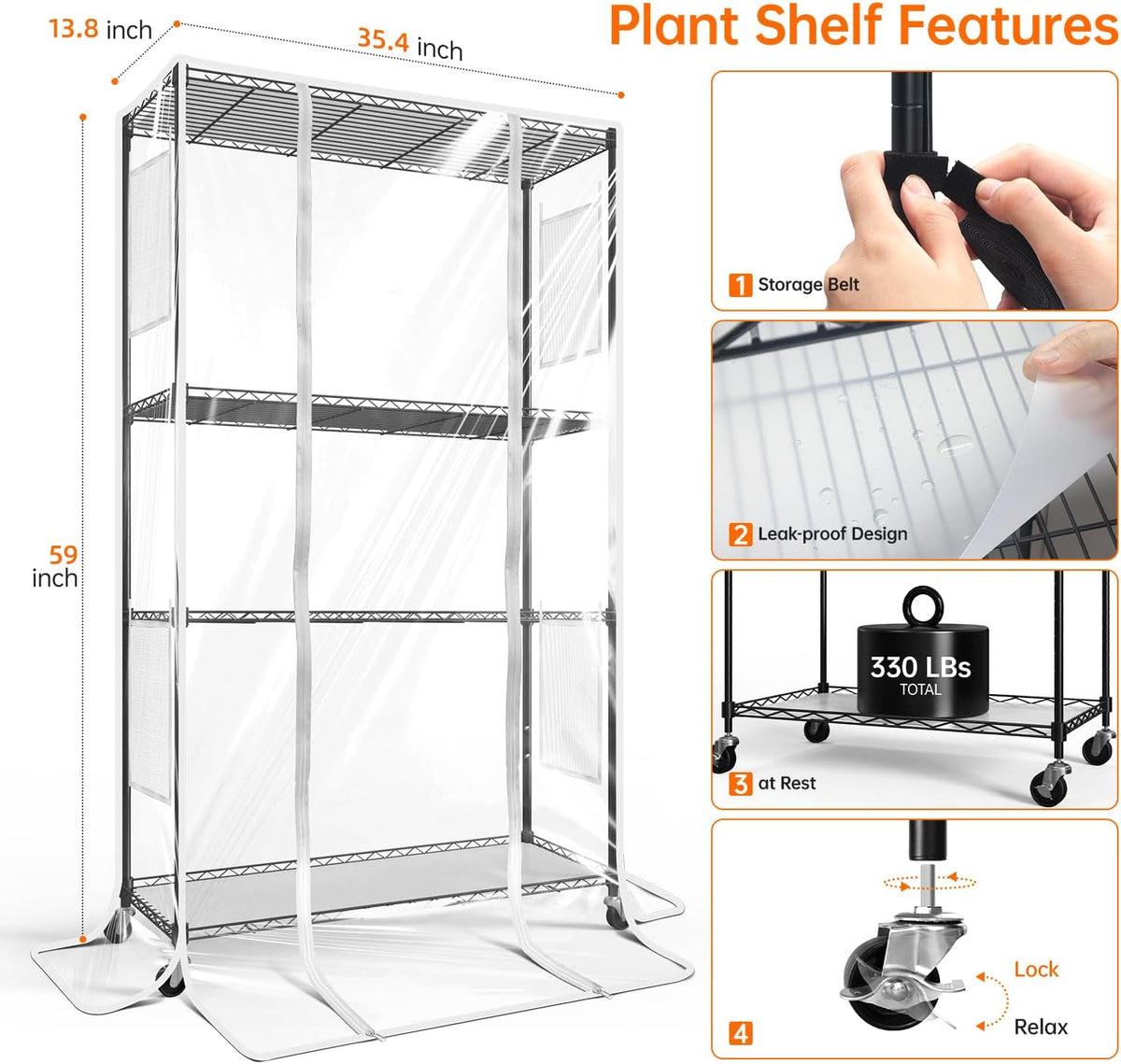 bstrip 3-tier indoor greenhouse with grow light, 35.4x13.8x59in, view 9