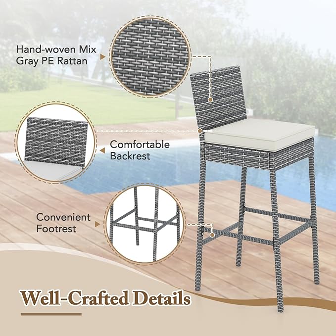 HAPPYGRILL Patio Wicker Barstools Set of 4, Outdoor Bar Height Chair w/Soft Seat Cushion & Cozy Footrest, Heavy-Duty Metal Frame, 400 lbs Max Load, Rattan Armless Bar Chairs
