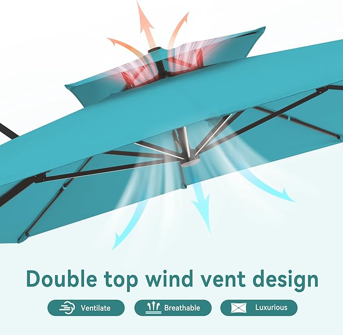 10 X 13 FT Cantilever Outdoor Patio Umbrella with Base Included Large Heavy Duty 360° Rotation Double Top Offset Rectangular Umbrellas with Led Lights for Backyard Outside Deck, Turquoise