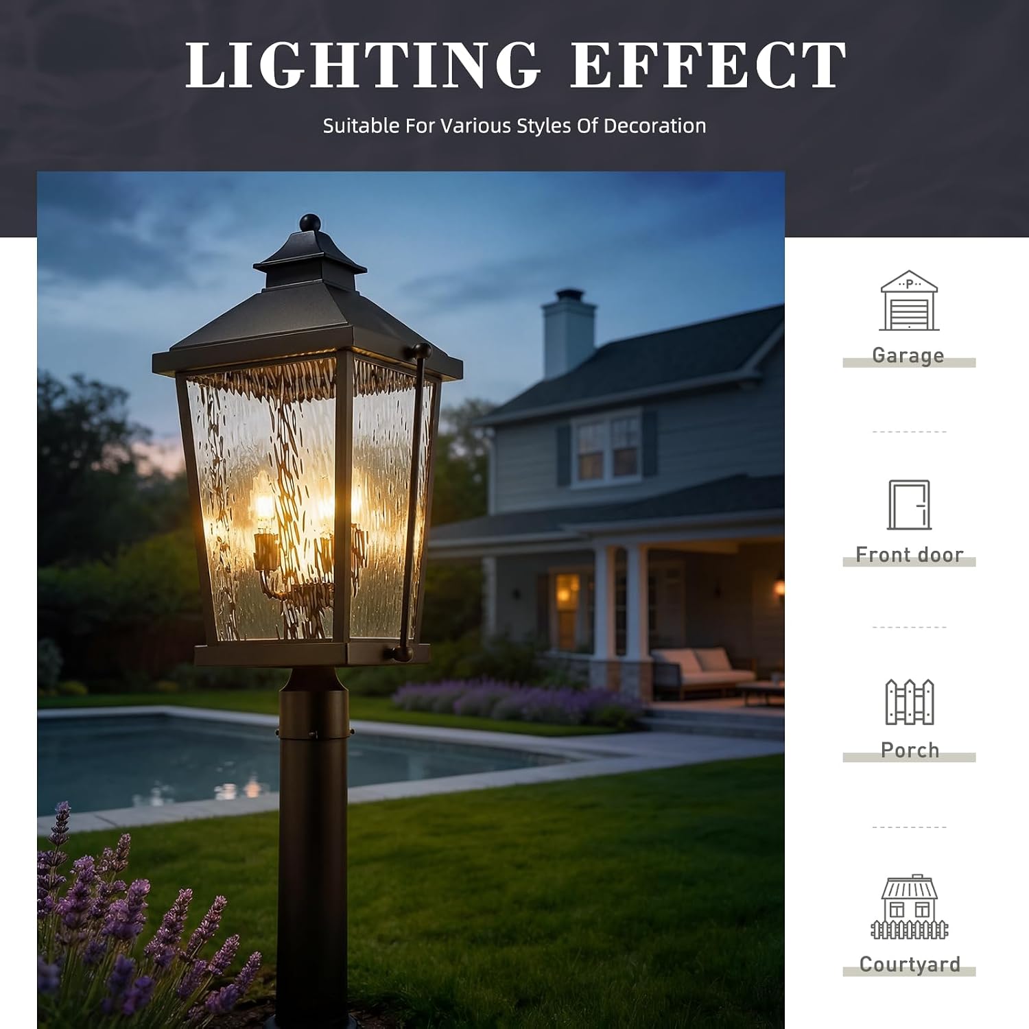zeyu 26 Inch Outdoor Post Lights, 3 Light Lamp Post Light Fixture Hardwired, Large Waterproof Lamp Pillar Fixtures for Pathway, Water Ripple Glass Shade, Black Finish, ZW105P-L BK-SW