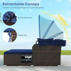 Tangkula Patio Rattan Daybed with Retractable Canopy, Outdoor Wicker Sunbed with 2 Foldable Side Tables, Thick Seat & Back Cushions, Outside Double Daybed for Garden, Backyard, Porch, Navy & Brown