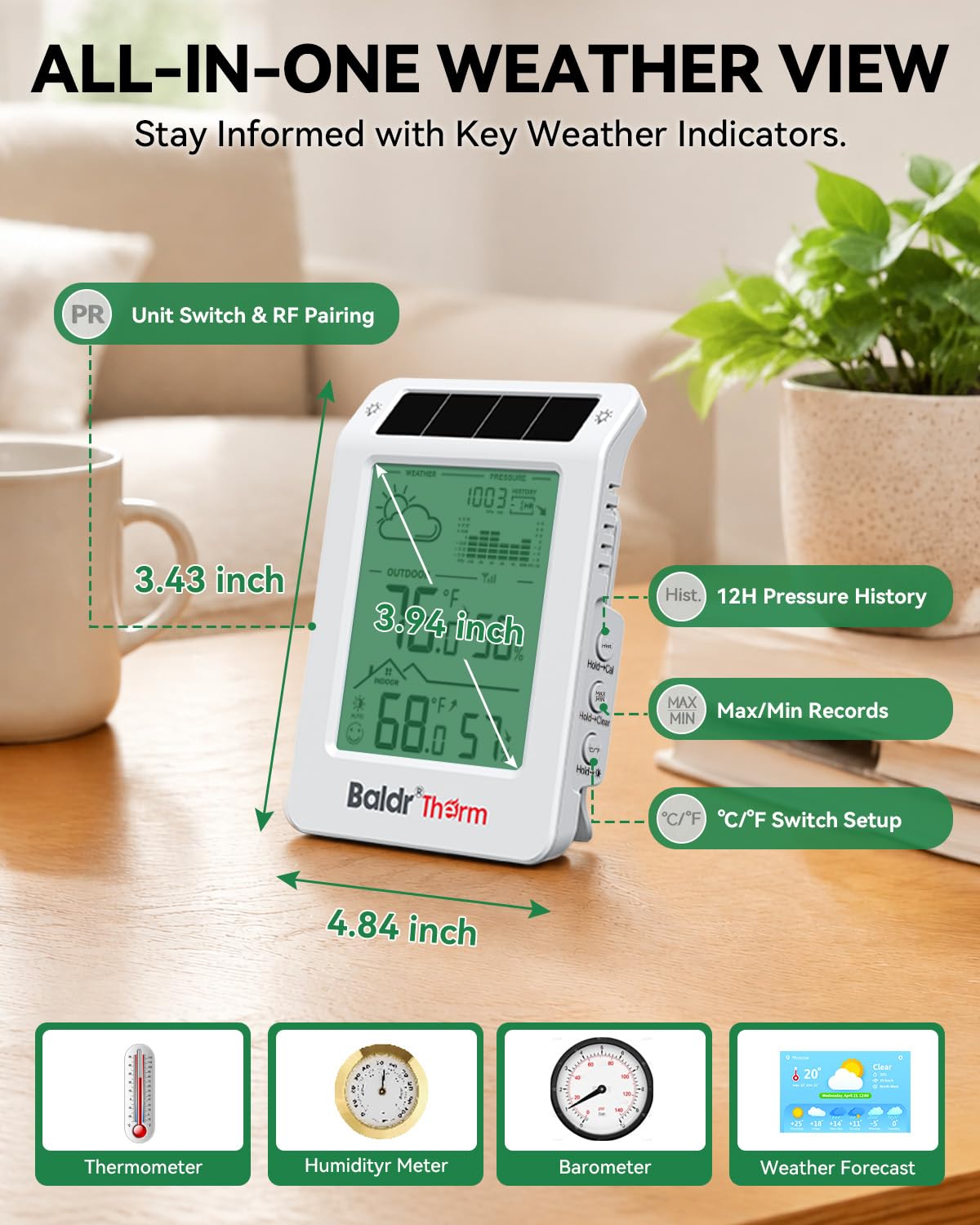 indoor outdoor thermometer wireless solar weather station with, front angle view