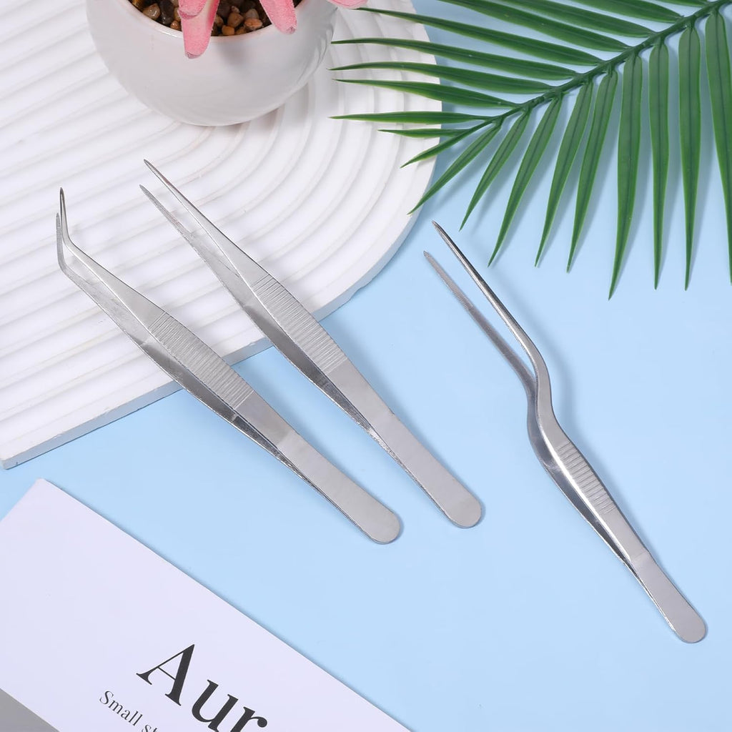 Garden Tweezers, 3 Pcs Stainless Steel Plant Tweezer Set Straight and Curved Precision Tweezers Multipurpose Bonsai Tools for Garden, Kitchen, Indoors and Outdoors (6.22Inch / 6.33Inch / 6.4Inch)
