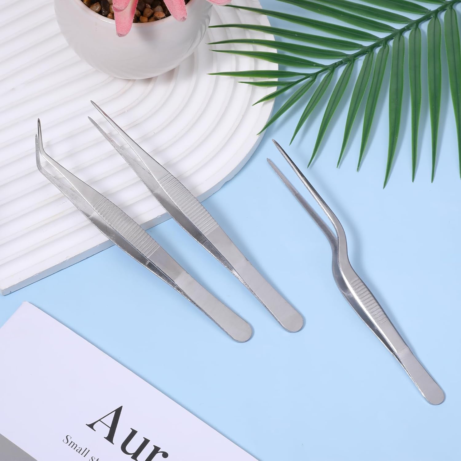 Garden Tweezers, 3 Pcs Stainless Steel Plant Tweezer Set Straight and Curved Precision Tweezers Multipurpose Bonsai Tools for Garden, Kitchen, Indoors and Outdoors (6.22Inch / 6.33Inch / 6.4Inch)