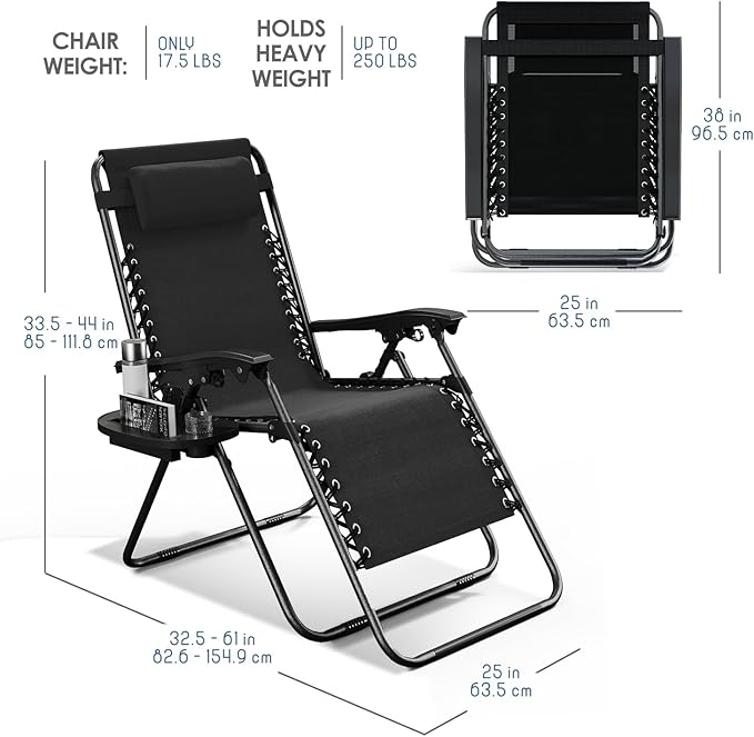 Nestl Zero Gravity Chairs Set of 4, Patio Lounge Chair Outdoor with Pillows & Cup Holder Trays, Adjustable Steel Mesh Reclining Camping Chair, Folding Patio Lawn Chair for Deck, Beach, Yard - Black