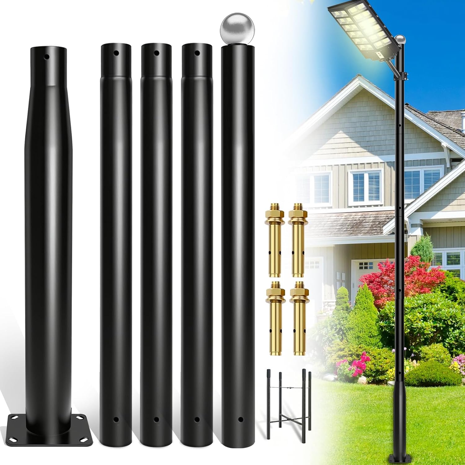 Street Light Pole 16Ft Tall-Outdoor Adjustable Metal Street Lamp Post, Outdoor Light Pole for Parking Lot, Patio, Street, Backyard, Exterior House