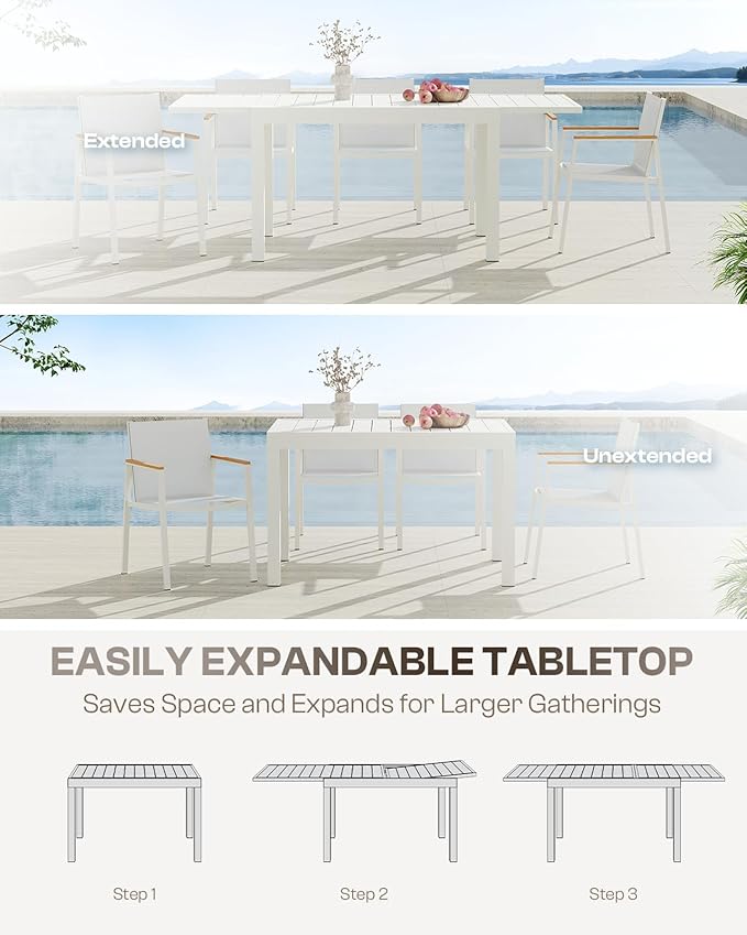 Outdoor Aluminum Patio Dining Table Set for 6-8 Person, Expandable Outdoor Table and 6 Chairs with Textilene Fabric & HDPS Armrest, All-Weather Patio Furniture Set for Yard, Garden, White