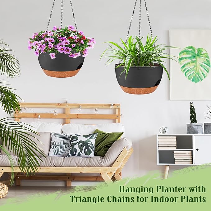 Hanging Planters for Outdoor Indoor Plants, 2 Pack 10 Inch Hanging Basket Plants Outdoor, Self Watering Hanging Planter with Plant Hanger for Garden Home Decoration (Black, 10 inch)