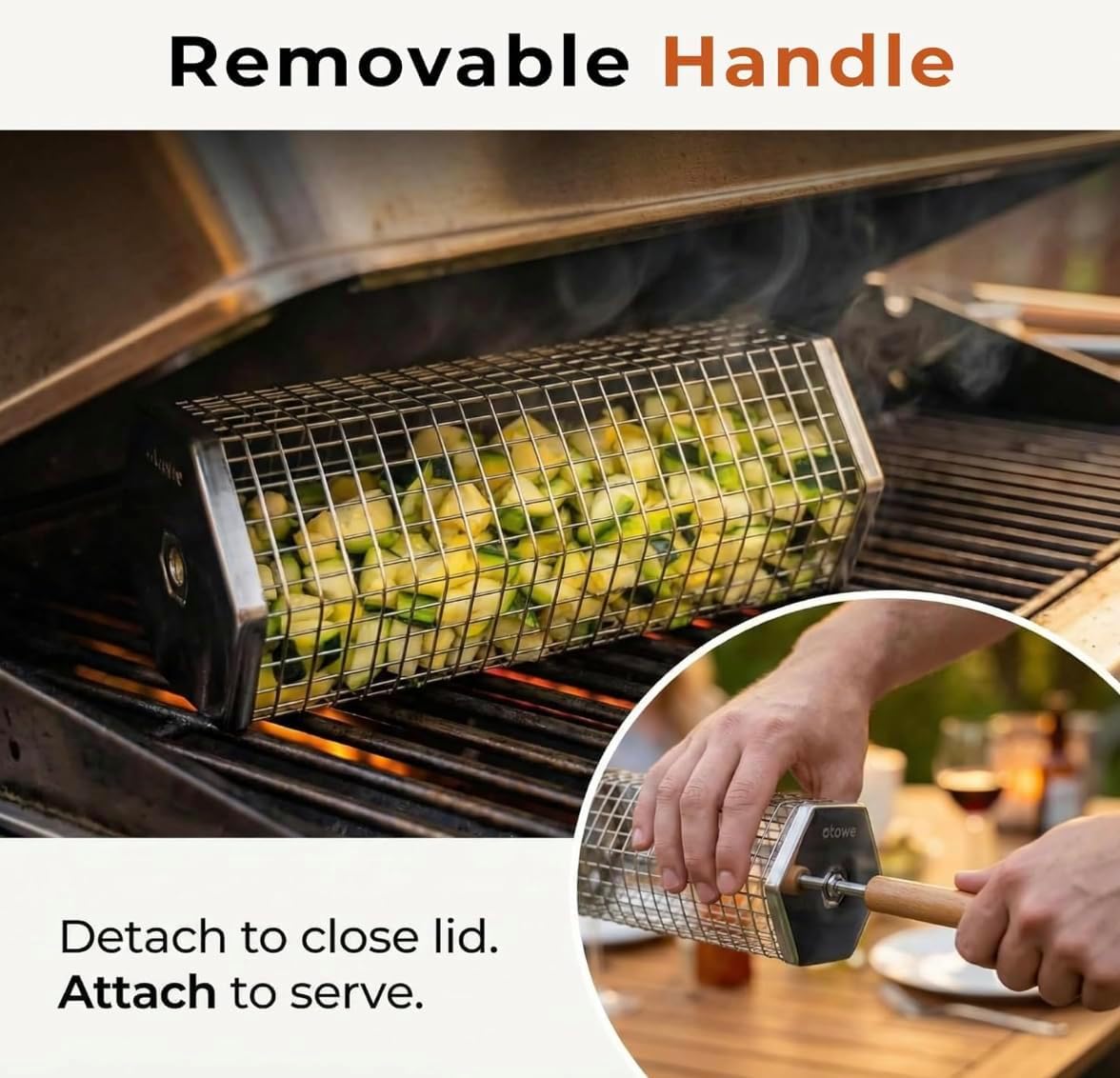 2 Pack Rolling Grill Basket – Stainless Steel Grilling Basket with Lid and Removable Wooden Handle – BBQ Accessories for Vegetables, Shrimp, Meat – Outdoor Cooking Gift for Dad or Husband – Otawe