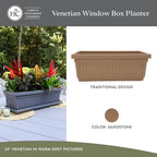 The HC Companies Venetian Window Planter Box w/Drain Plug - Long Planter Box for Windowsills, Balconies & More - Plastic Large Rectangular Planters for Herbs & Flowers (24" Sandstone, Pack of 1)