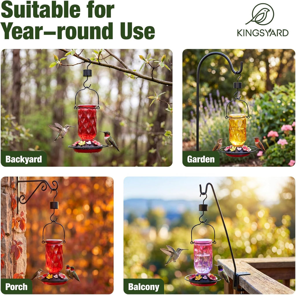 Kingsyard Glass Hummingbird Feeder for Outdoors Hanging, 20 oz Leak-Proof Wild Bird Nectar Feeders with 9 Bee Guard Ports & Ant Moat, Garden Yard Art Decor Gifts for Mom, Red