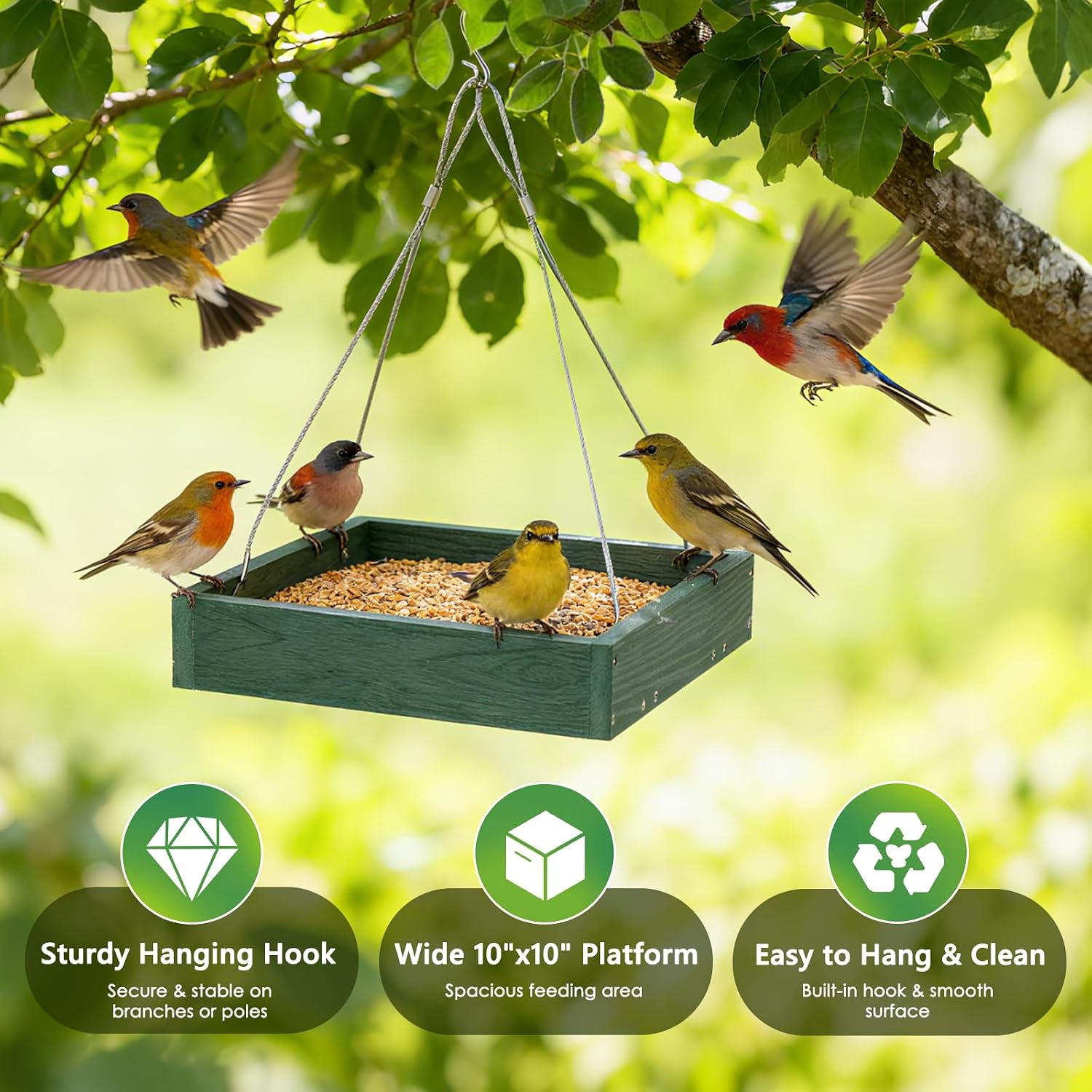 Gtongoko WPC Composite Platform Bird Feeder Hanging, Large 3.5 lbs Capacity, Durable, Seed Tray Bird Feeder for Outdoors with Metal Mesh Bottom Weather-Resistant for Garden Yard, Green