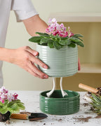Self Watering Pots for Indoor Plants, 6 Inch Ceramic Self Watering Plant Pot, Planter Pot with Wick Rope and Drainage Hole for African Violet Succulent Herbs (Green Light)