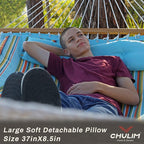 12 FT Double Quilted Fabric Hammock with Spreader Bars and Pillow 450 LBS Weight Capacity 2 Person Hammock for Outdoor Patio Backyard Poolside Blue Stripes