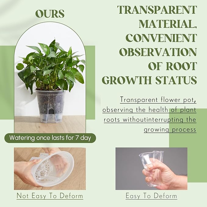 Self Watering Pots for Indoor Plants with Deep Reservoir and High Drainage Holes for Outdoor Plants and Flowers, Bare Root Planter(4.72'', 5.91'', 7.09'',Clear,12 Pcs)