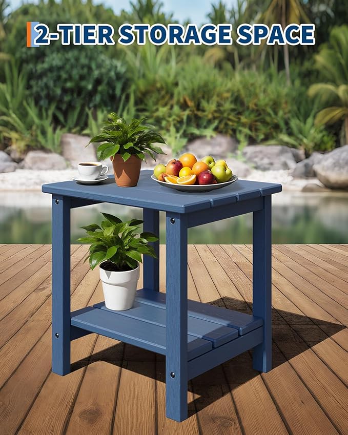 GarveeLife Adirondack Outdoor Side Table 18 x 15 in, HDPE 2-Tier Patio Side Tables for Outside, All-Weather End Table for Patio Pool Deck Indoor Backyard, Navy Blue