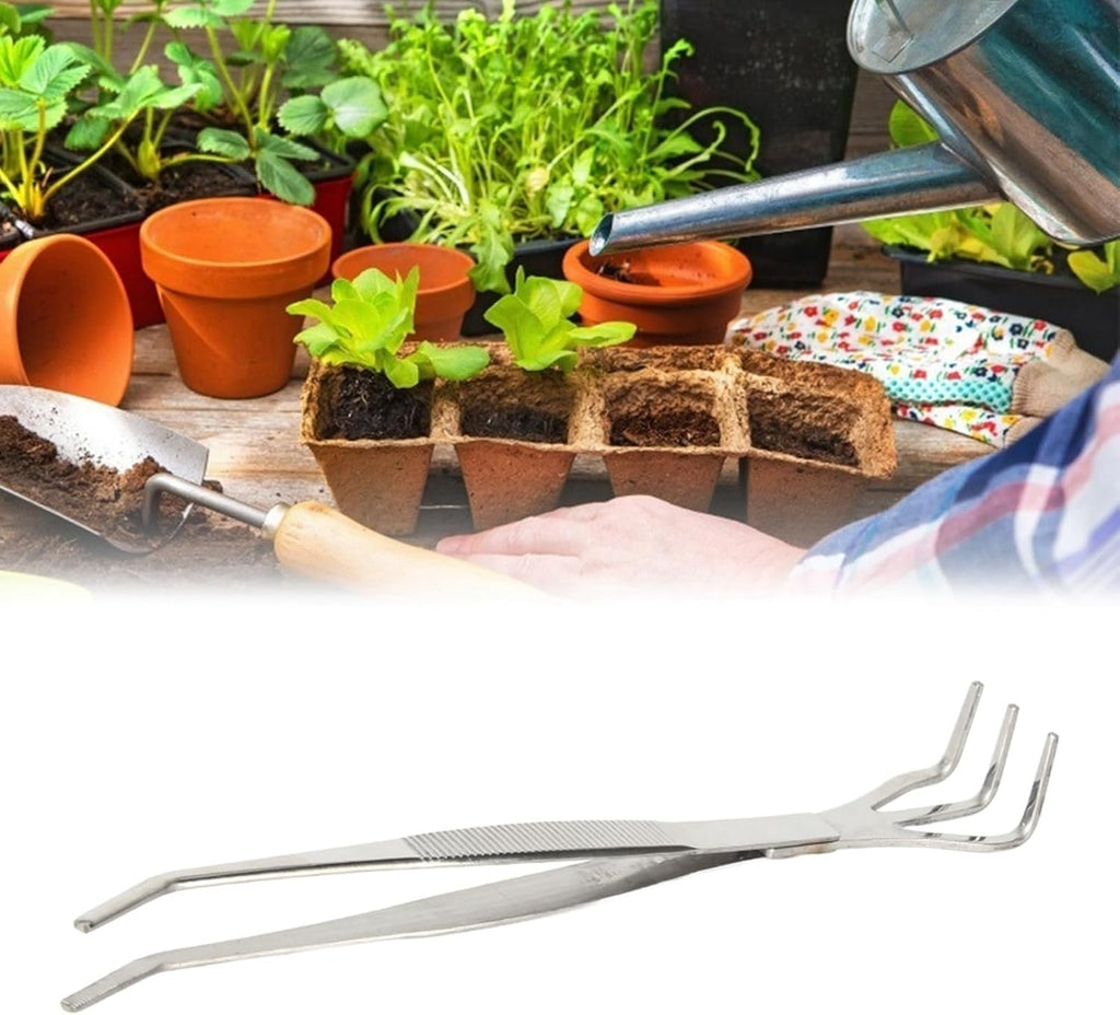 Fdit Bonsai Root Rake Tweezers, Stainless Steel 2 in 1 Precision Repotting Tool with Smooth Rounded Tips Ergonomic Non Slip Grip for Bonsai Care Silver 24.5 cm 1 Piece