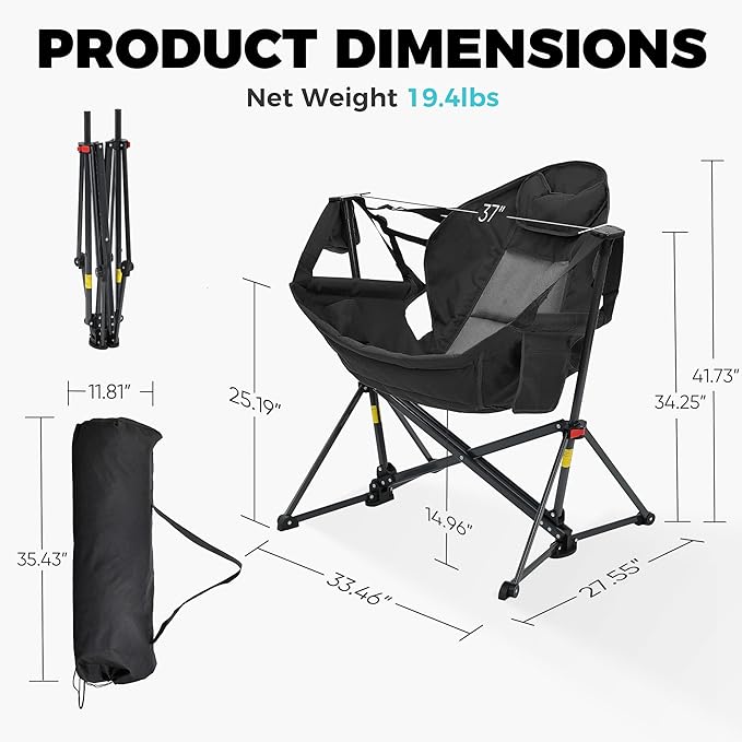 Ainfox Hammock Camping Chair, Foldable Portable Rocking Chairs for Adults Outside Swinging Camp with Cup Holder Pillow for Outdoor Patio Poolside (Black)