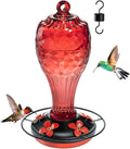 Glass Hummingbird Feeder, Red, 20 OZ | Hand-blown hummingbird feeder for outdoor hanging, reflective fish-scale design, leak-proof seal, ant moat, garden decor