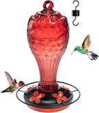 Glass Hummingbird Feeder, Red, 20 OZ | Hand-blown hummingbird feeder for outdoor hanging, reflective fish-scale design, leak-proof seal, ant moat, garden decor