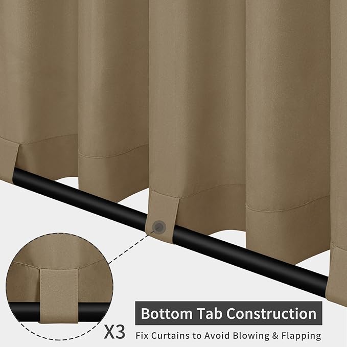 Easy-Going Outdoor Patio Curtains Detachable Tab Top Windproof Weatherproof Curtain for Cabana, Porch, Pergola and Gazebo, Tab Bottom Drape, 2 Panels, 54W x 120L inch, Khaki