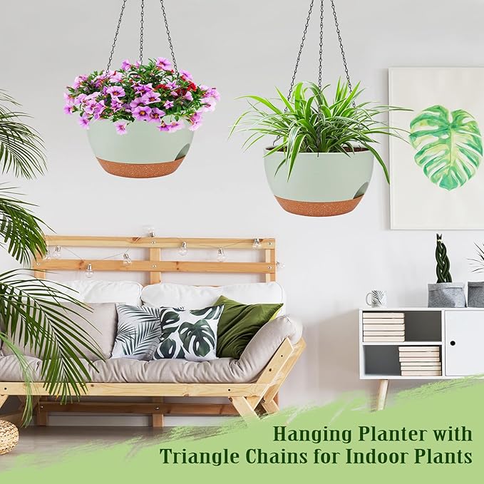 Hanging Planters for Outdoor Indoor Plants, 2 Pack 10 Inch Hanging Basket Plants Outdoor, Self Watering Hanging Planter with Plant Hanger for Garden Home Decoration (Green, 10 inch)