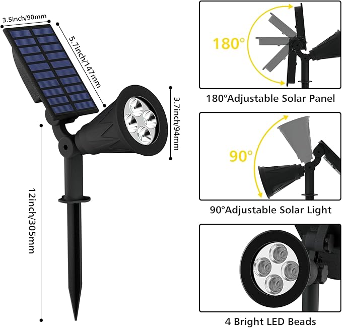 T-SUN Solar Spotlights, Christmas Solar Lights Outdoor, Auto-ON/Off 180°Angle Adjustable Solar Lights for Tree, Patio, Yard, Garden, Driveway, Pool Area (Natural White-2Pack)