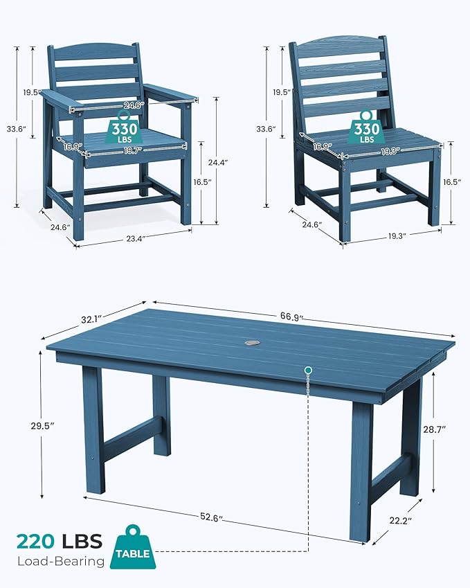 SERWALL Patio Dining Sets for 6 Person, HDPE Dining Set with 6 Armless Chairs, Blue