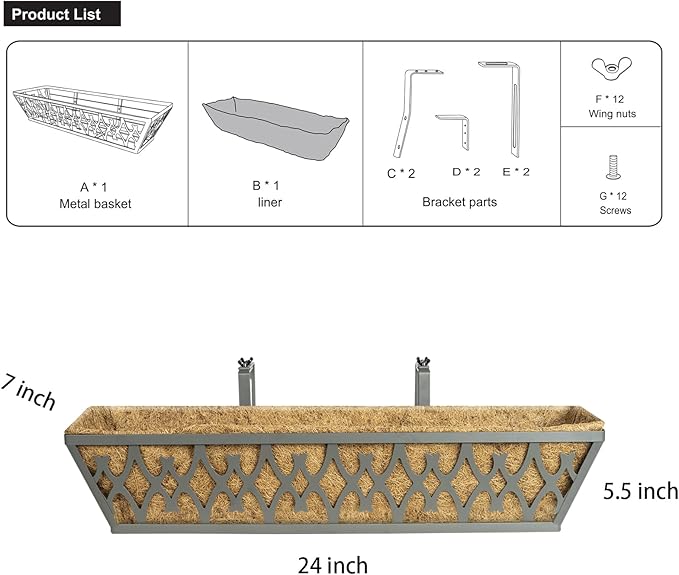 6 Pack 24 Inch Window Boxes Planters Railing Planter Box with Adjustable Brackets for Porch Fence Patio Balcony Hanging Flower Baskets with Coco Liners for Outdoor Garden Decor - Dark Grey