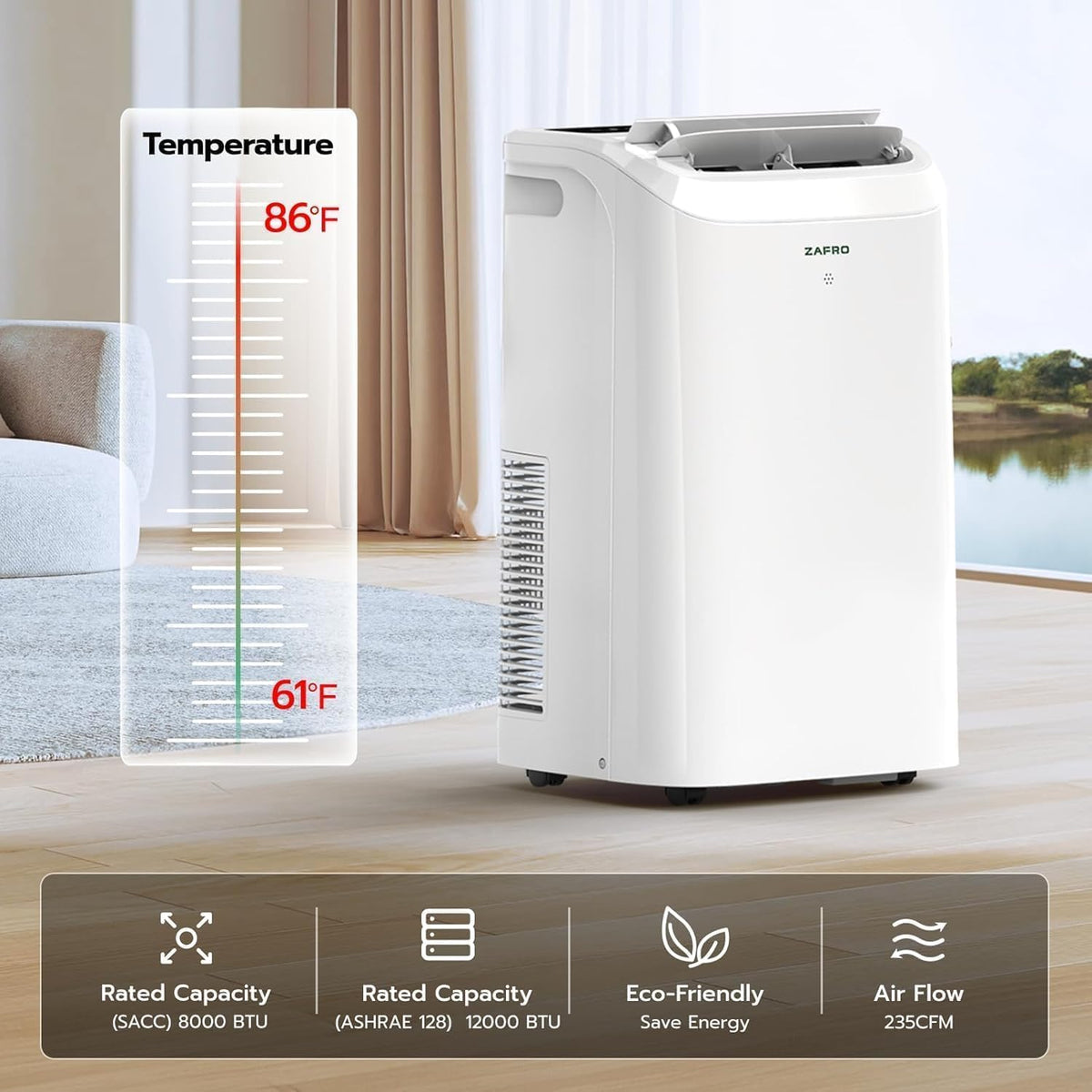 zafro smart portable air conditioner, 12000 btu (8000 on a desk or shelf