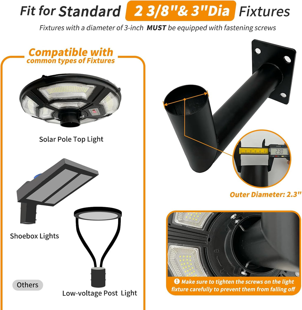 90 Degree Wall Light Mounting Bracket, 11" Arm, 2-3/8" OD Tenon | Galvanized Steel, 0.2" Flange, 0.05" Tube, Full Welds, Slim 3.9" Base, Concrete/Wood Hardware and Drilling Template Included
